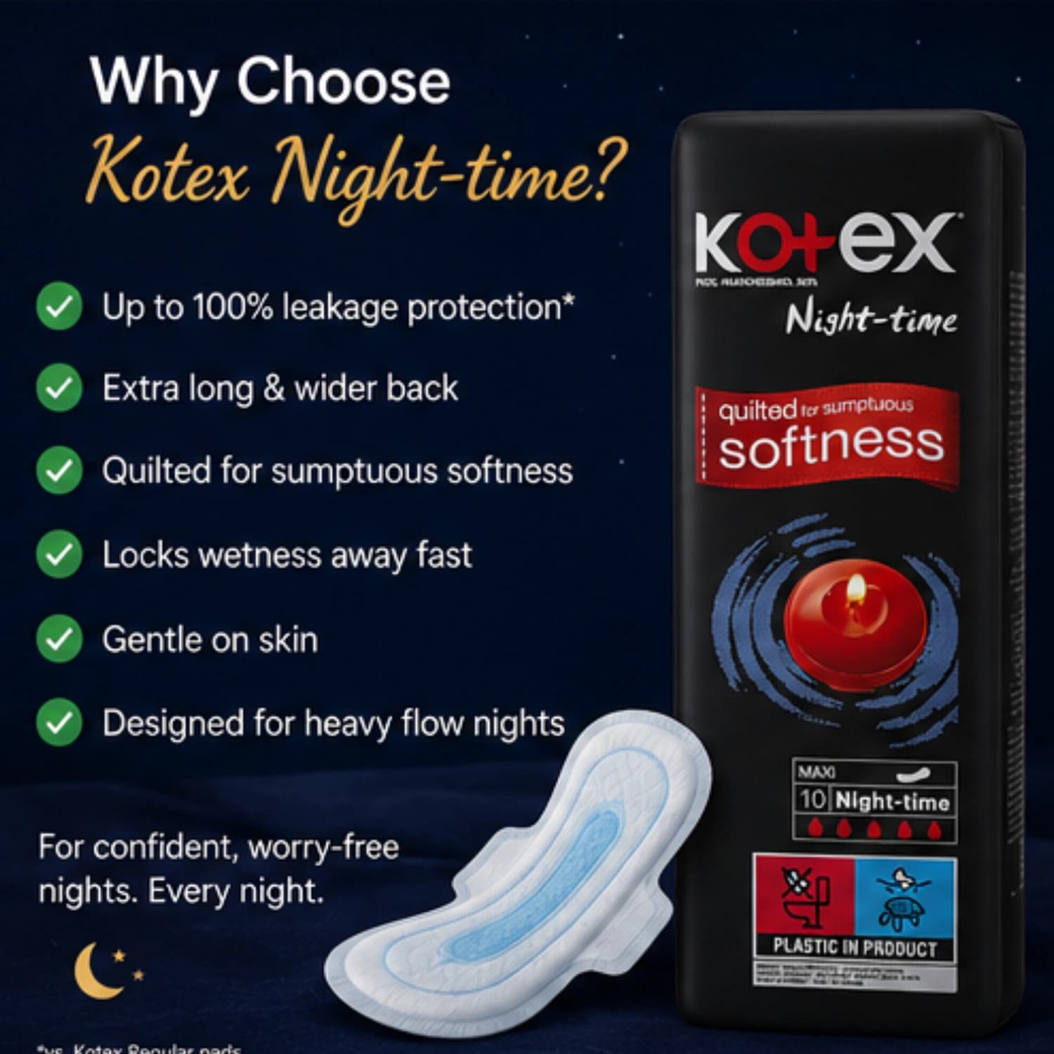 Kotex PMP Maxi Night Time Sanitary Napkins 10s