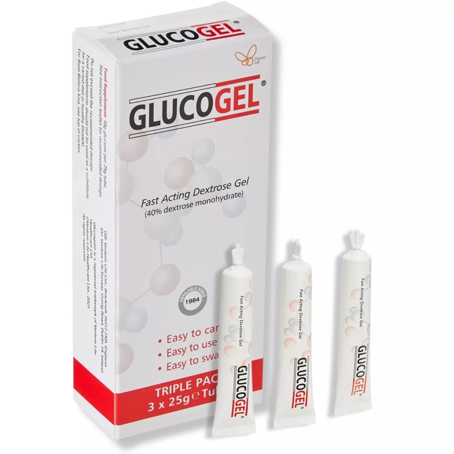 GlucoGel Fast-Acting Glucose Energy Gel Original Unflavoured Tubes 3X25g