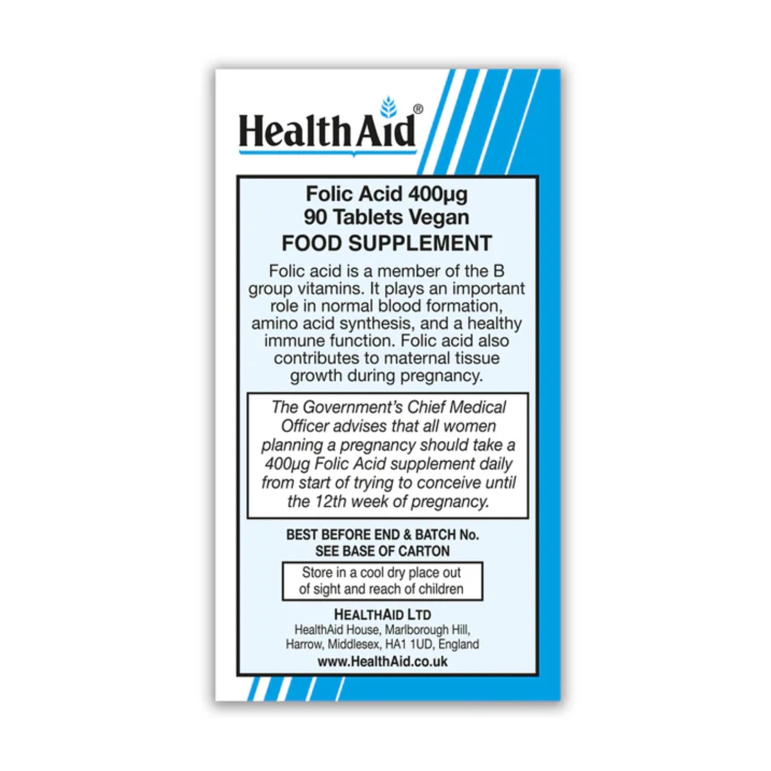 HealthAid Folic Acid 400mcg Tablets Pack of 90