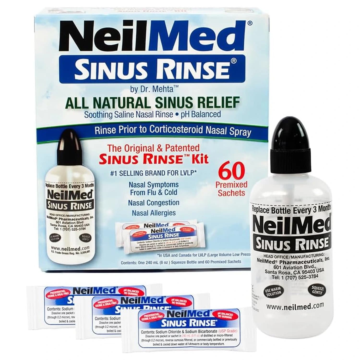 NeilMed Sinus Rinse Original Kit, Squeeze Bottle +60 Sachets
