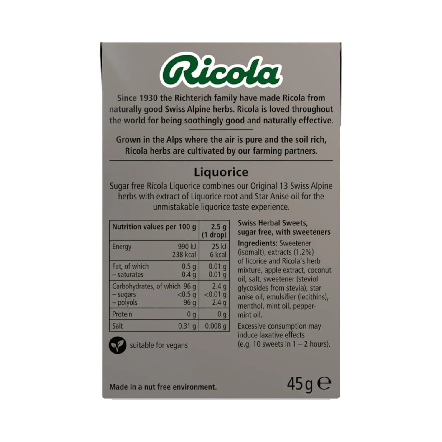Ricola Liquorice Swiss Herbal Sweets 45g