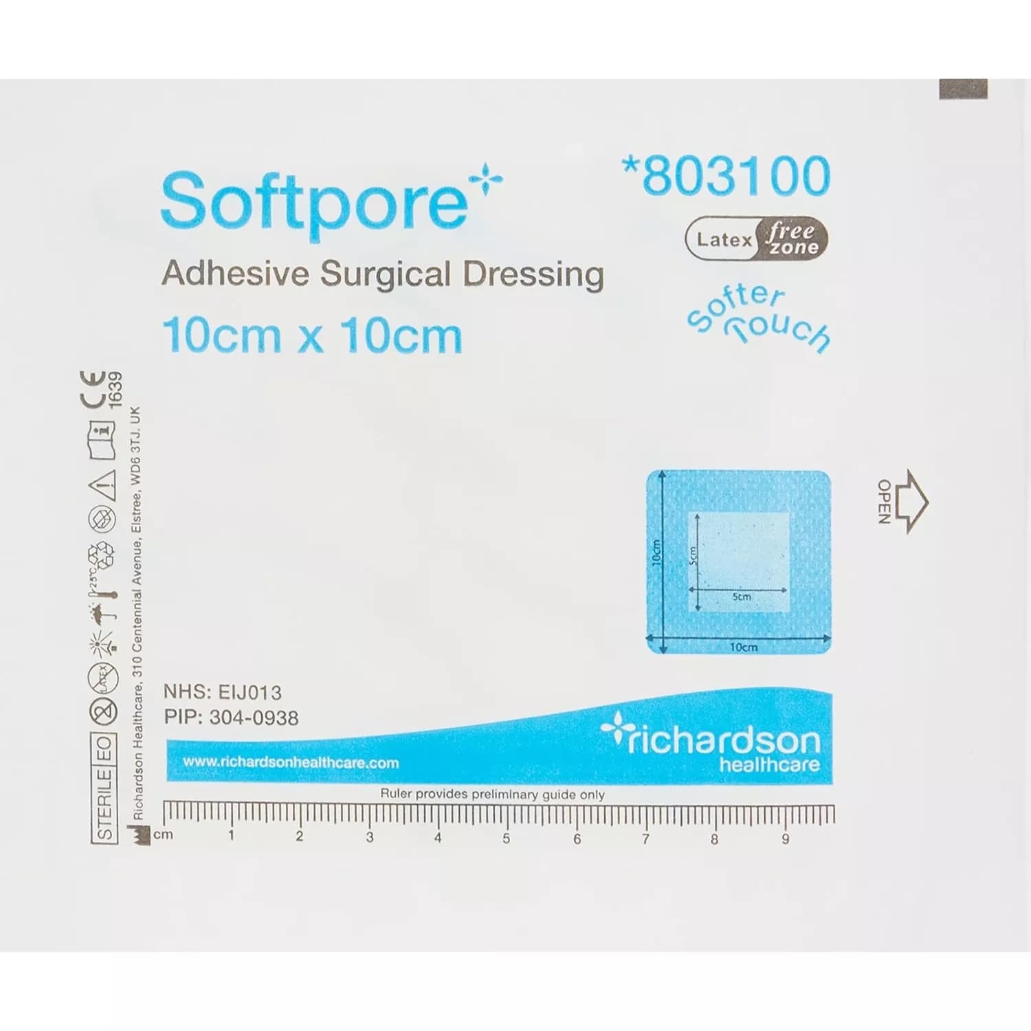 Softpore 803100 Adhesive Surgical Dressing 10cm x 10xcm
