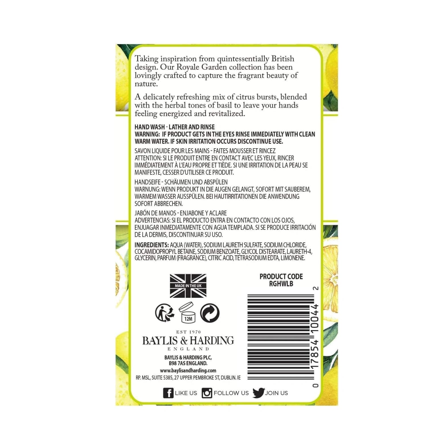 Baylis & Harding Royale Garden Lemon & Basil Hand Wash 500ml