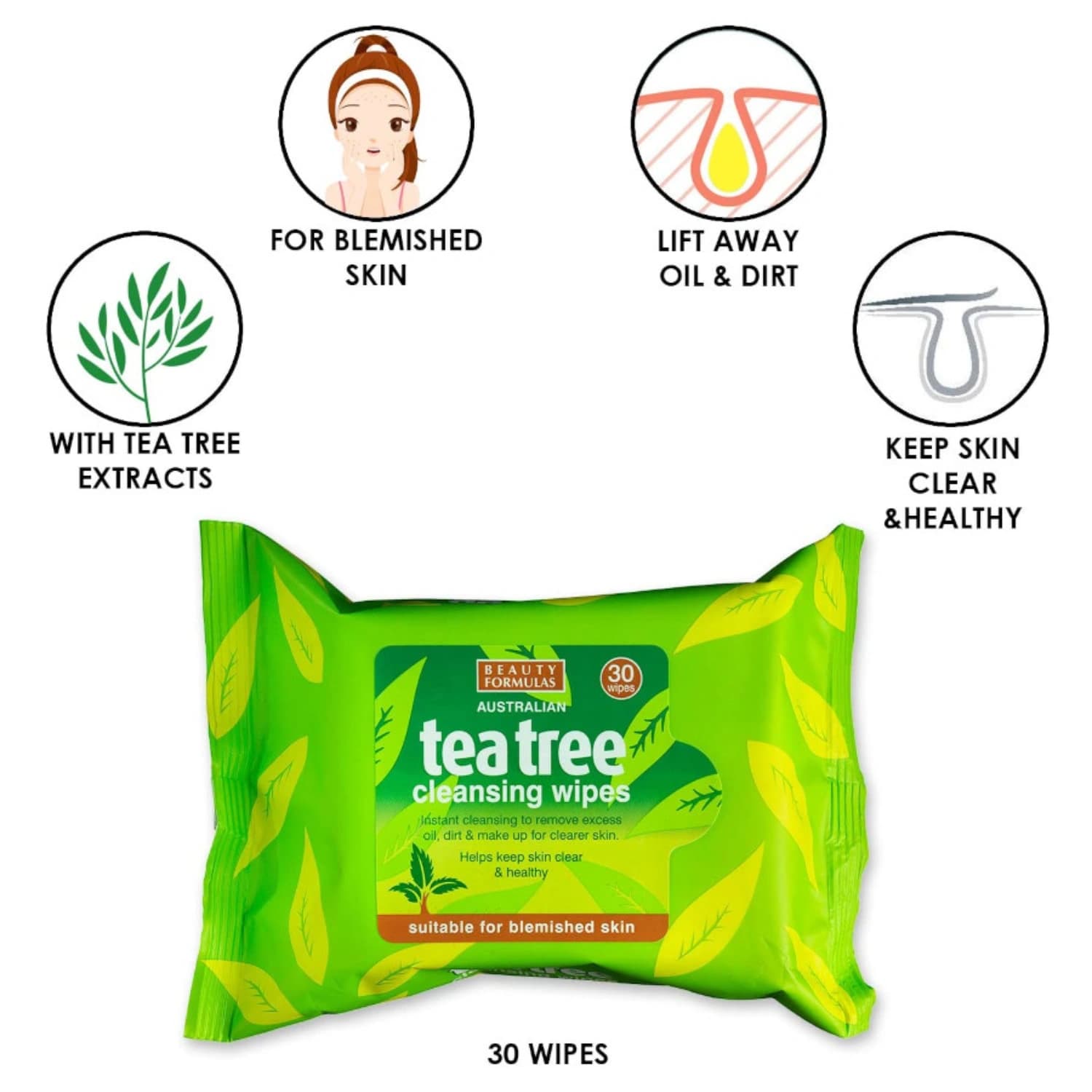 3x Beauty Formulas Tea Tree Cleansing Wipes 30 Count
