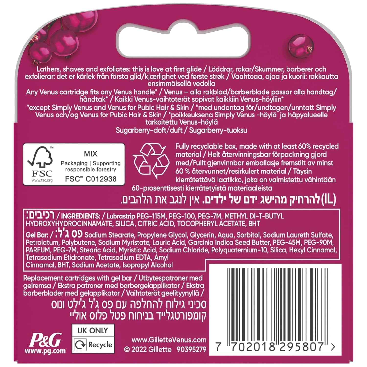 Venus Comfortglide Sugarberry plus Olay Razor Blades 3 pack