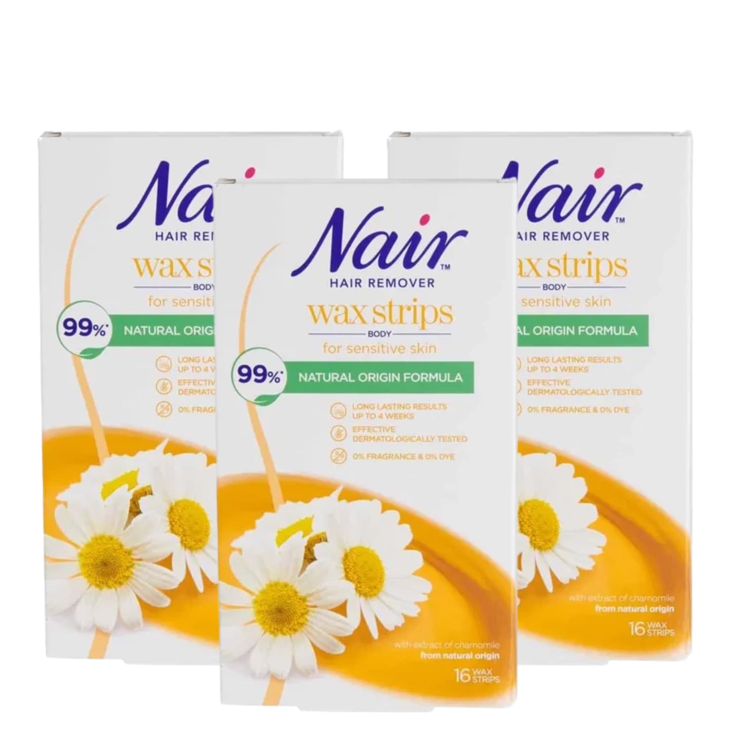 Nair Body Wax Strips with Camomile Extract 16 Strips - Pack of 3