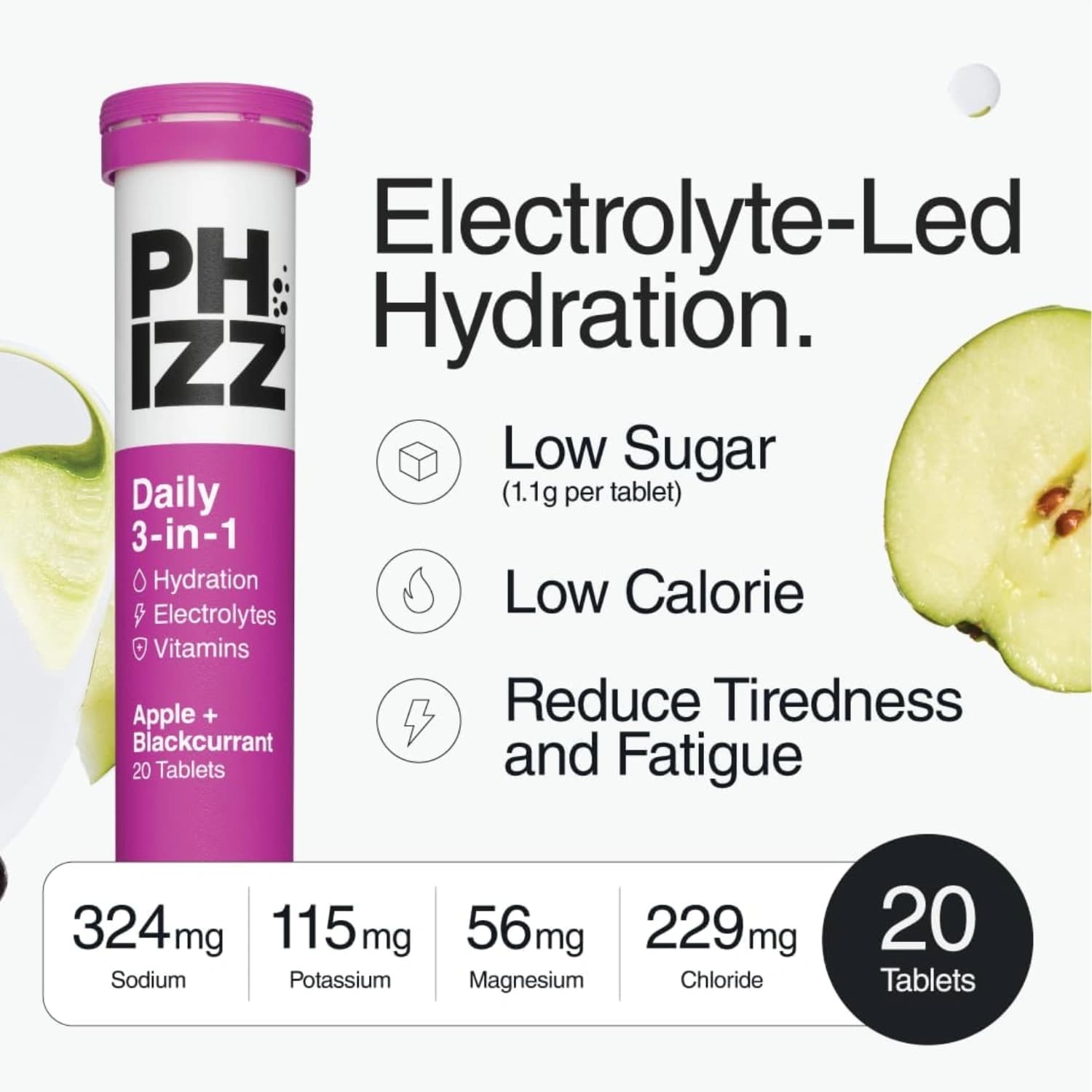 Phizz Apple + Blackcurrant 3in1 Hydration, 20 Tablets