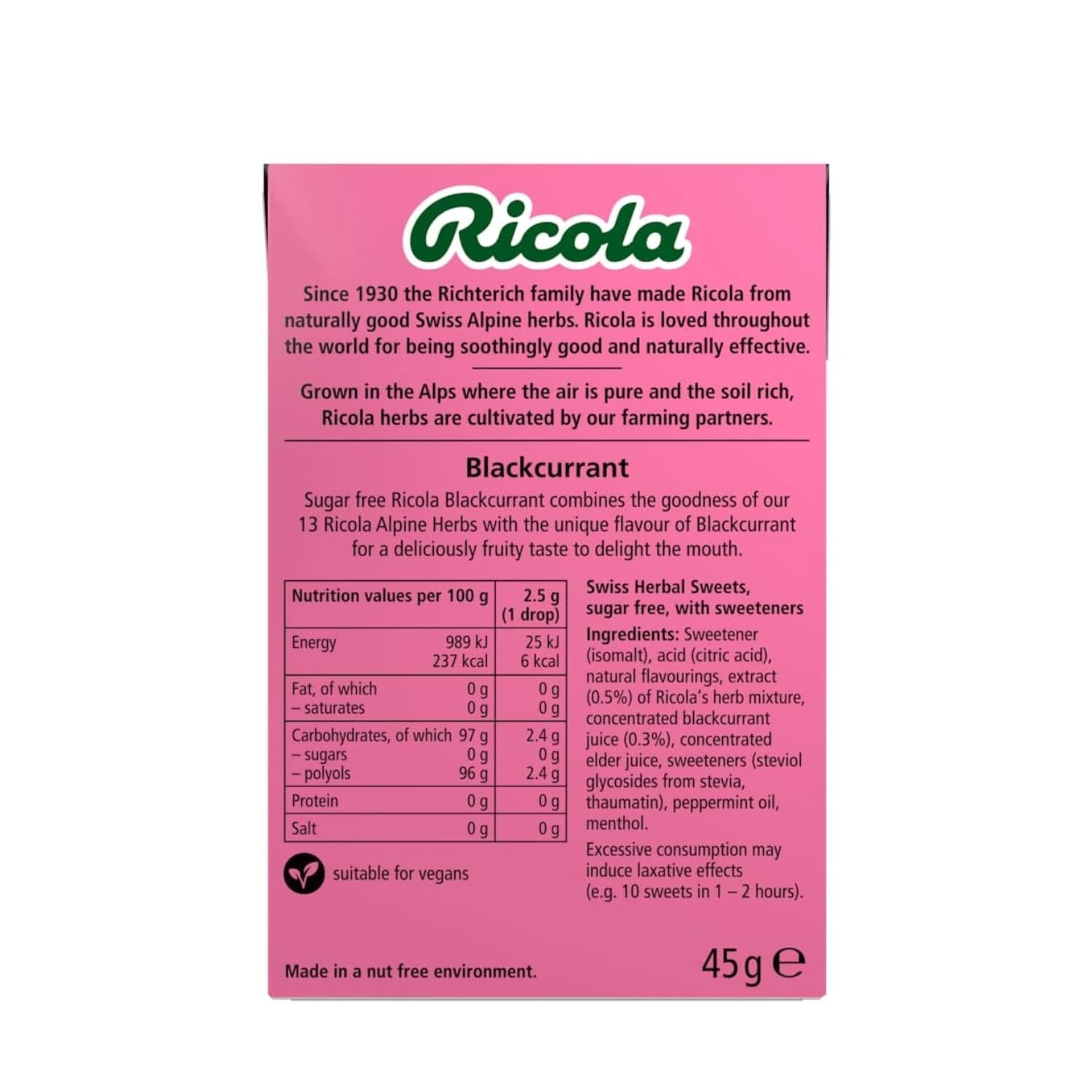 Ricola Blackcurrant Sugar Free Sweets 45g - Pack of 10
