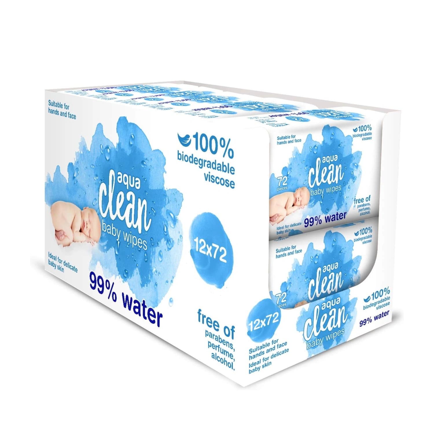 Aqua Clean Baby Wet Wipes 99% Water 72 Wipes - Pack of 12