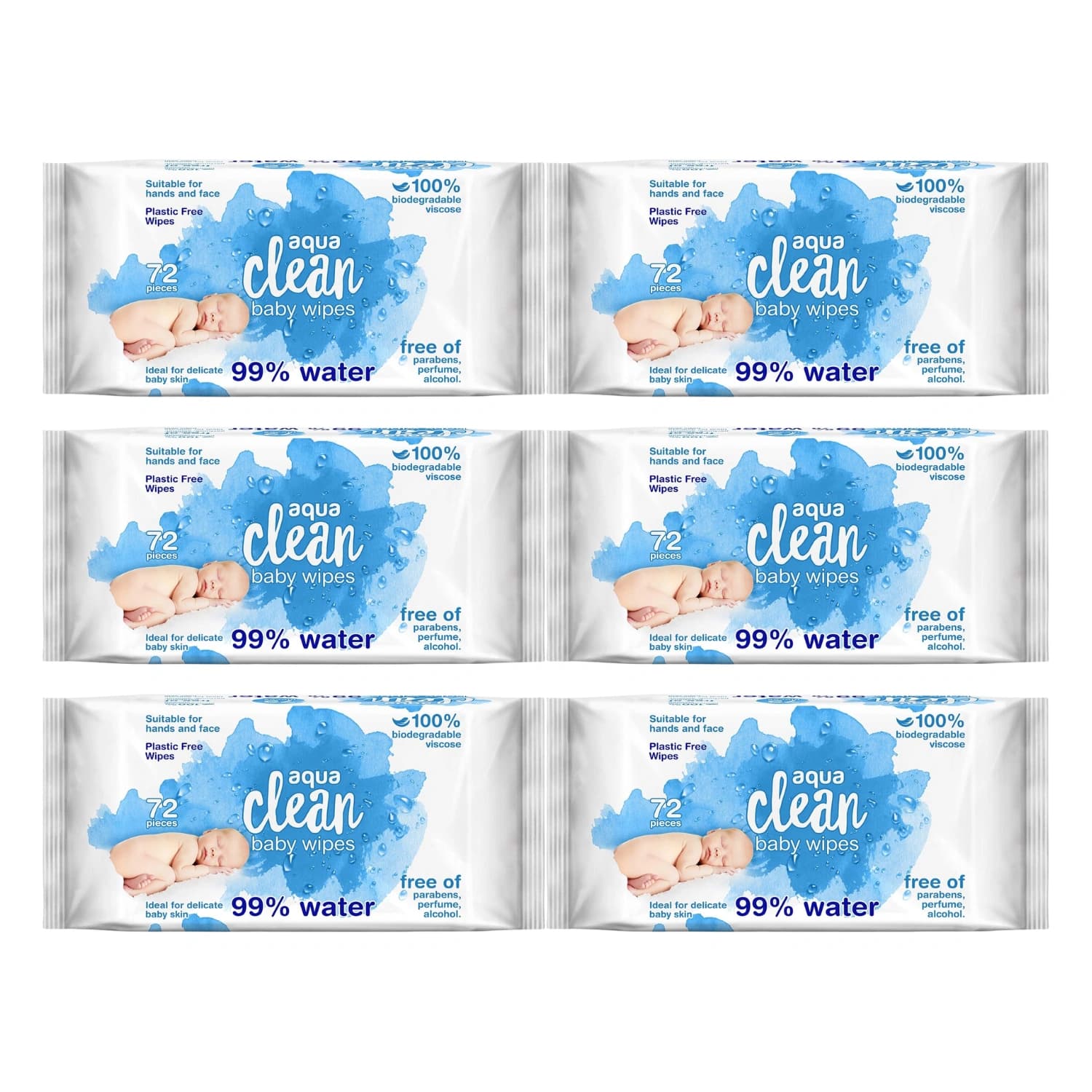 Aqua Clean Baby Wet Wipes 99% Water 72 Wipes - Pack of 6