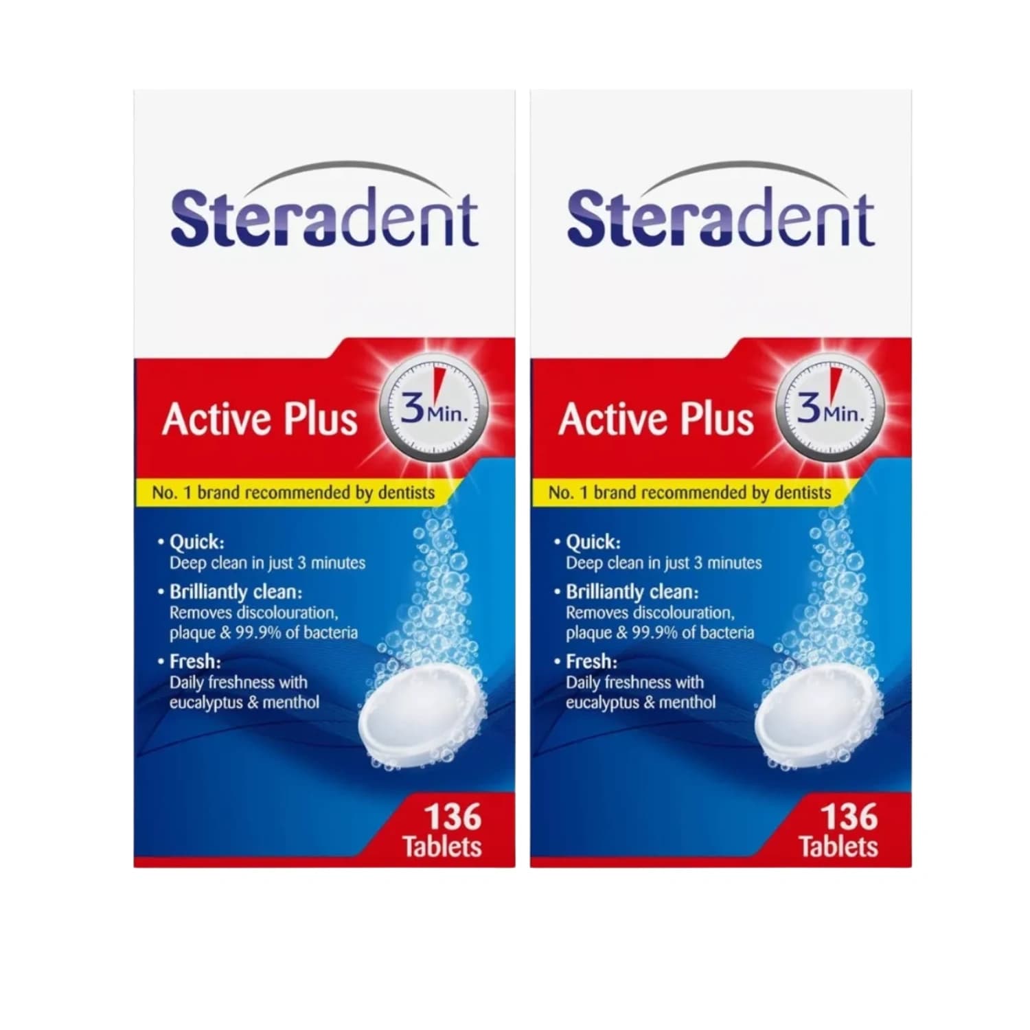 Steradent Active Plus Denture Cleaning Menthol - 136 Tablets , Pack Of 2