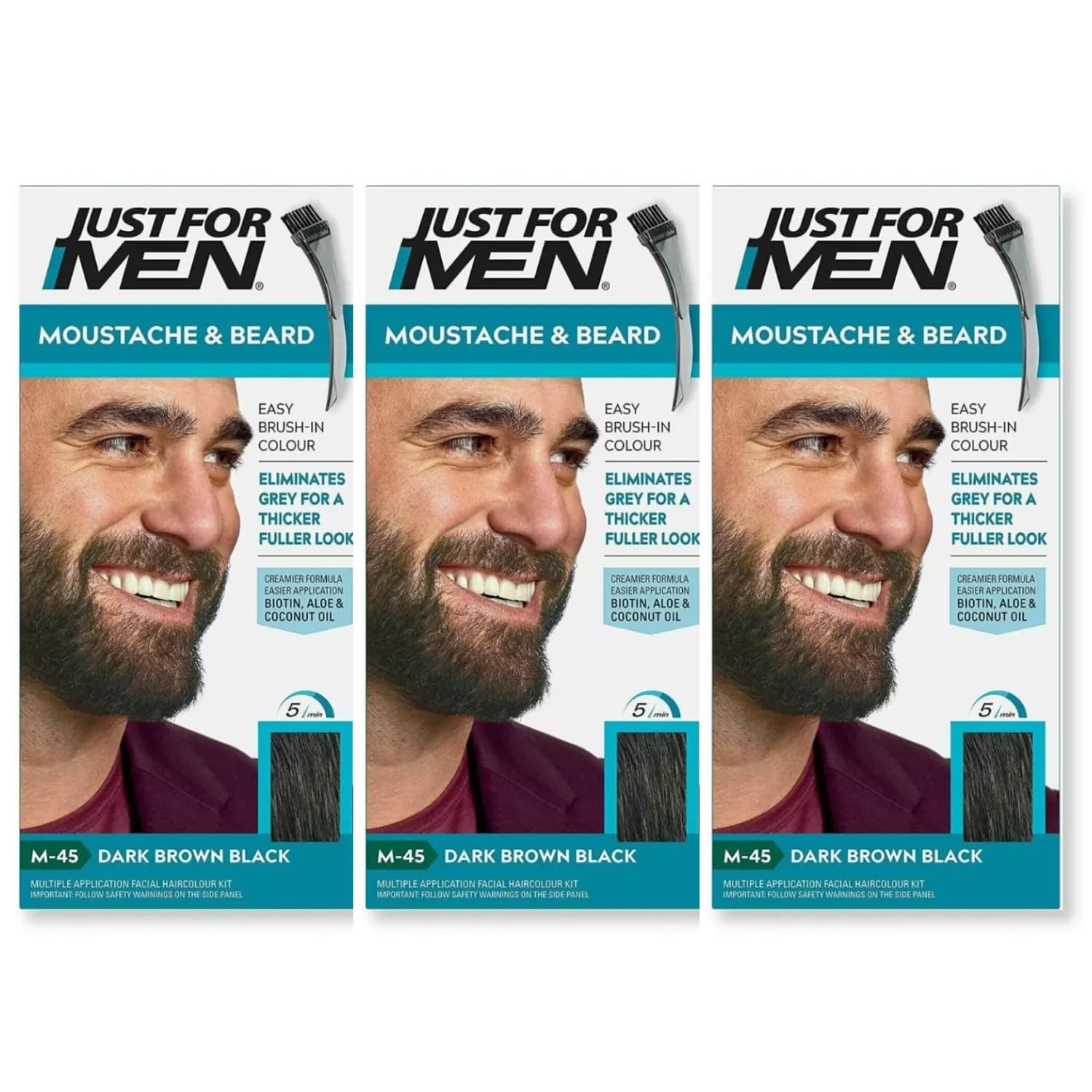 3x Just For Men Moustache & Beard Dark Brown Black Hair Dye M-45