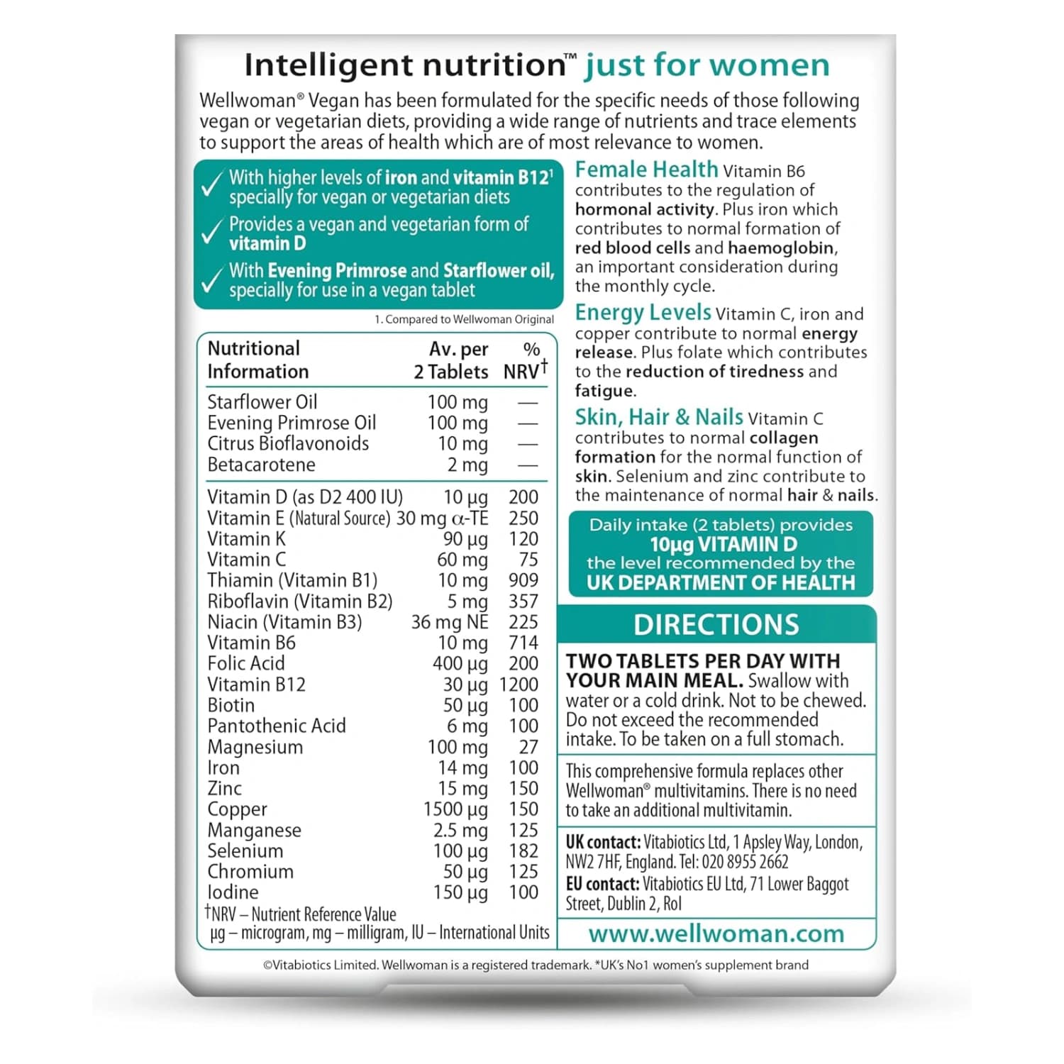 Vitabiotics Wellwoman Vegan Extra Dietary Support 60 Tablets