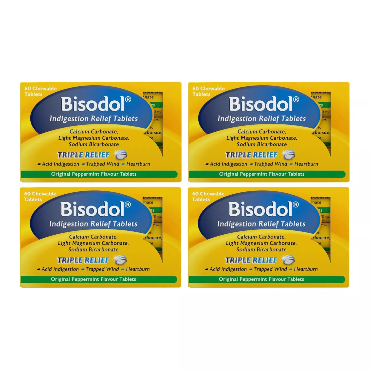 4x Bisodol Original Peppermint Flavour 60 Chewable Tablets