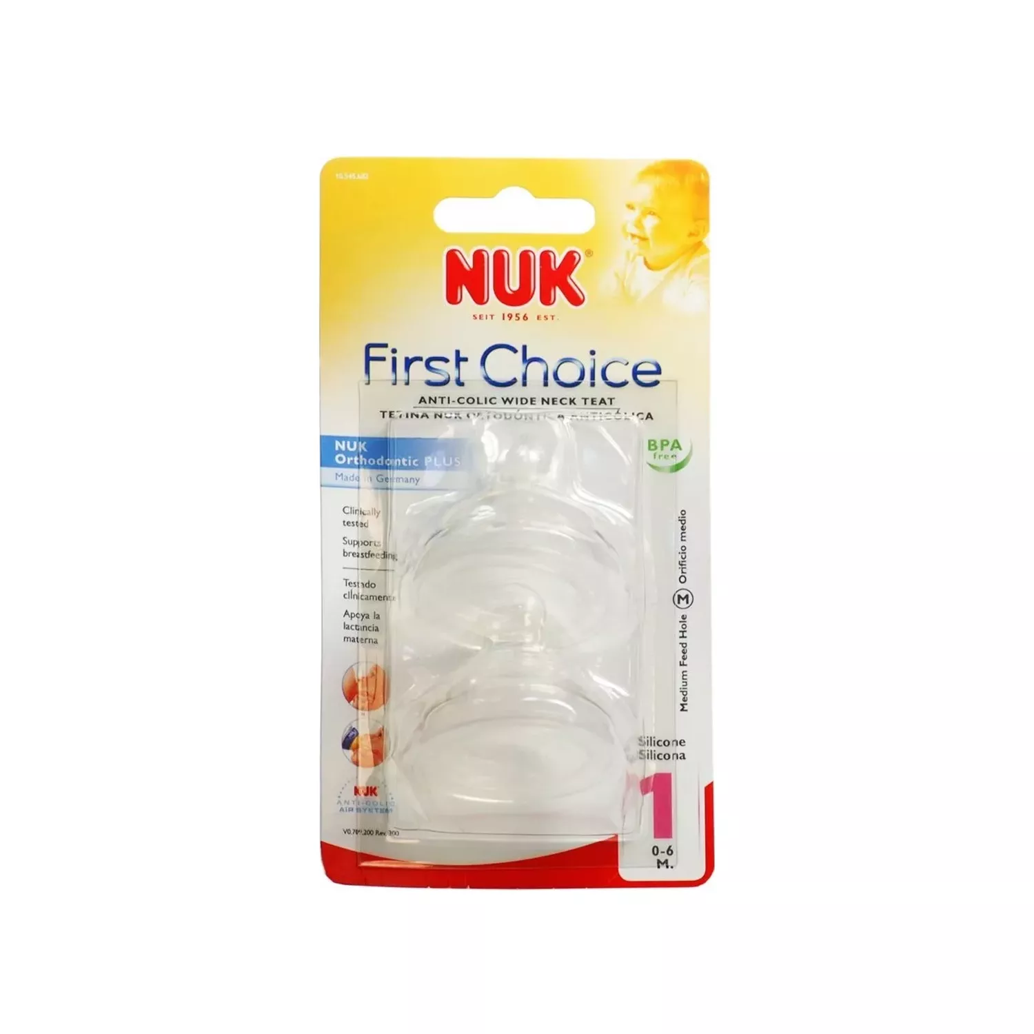 Nuk First Choice+ Anti-Colic Wide Neck Silicone Medium Feed Teat 0-6 Months