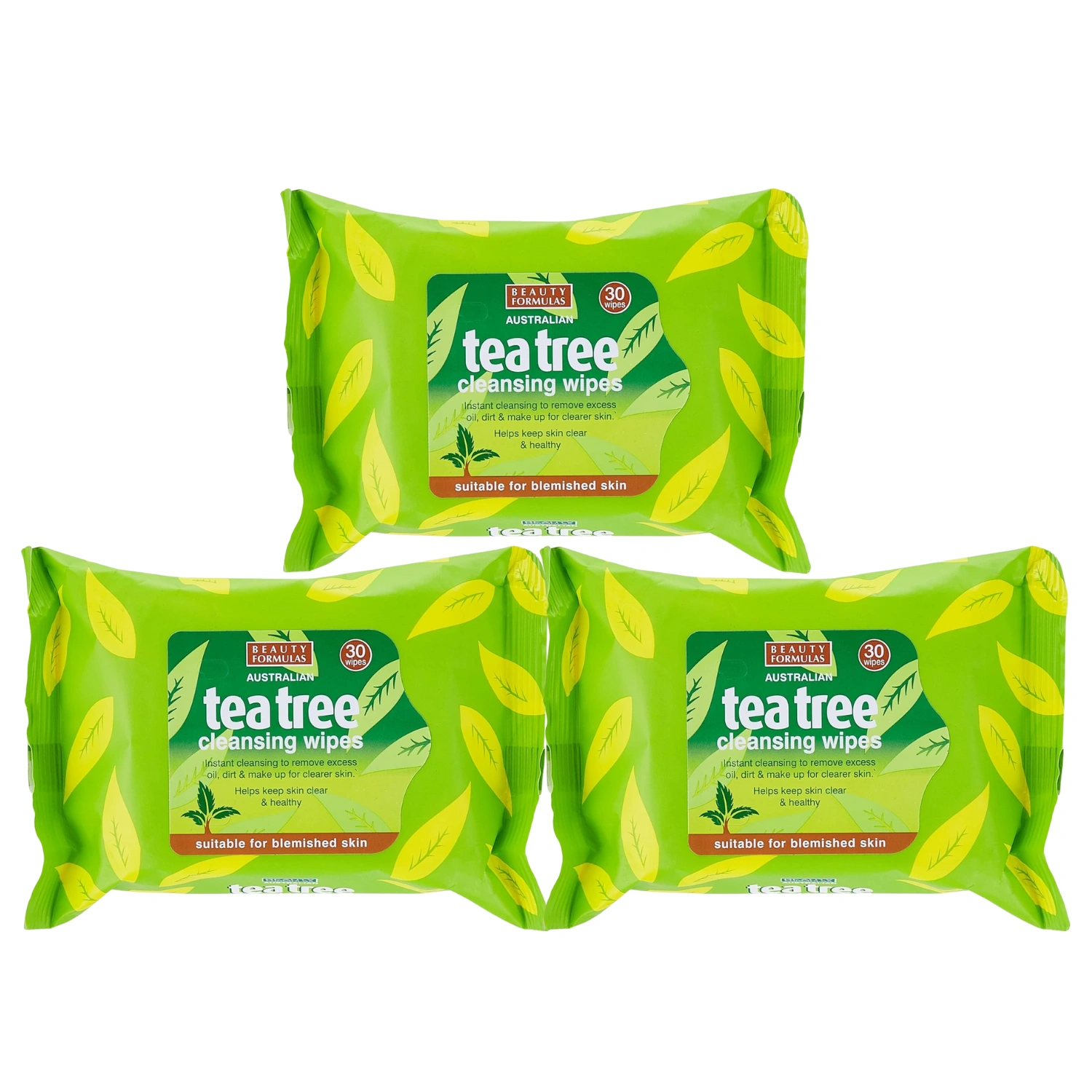 3x Beauty Formulas Tea Tree Cleansing Wipes 30 Count